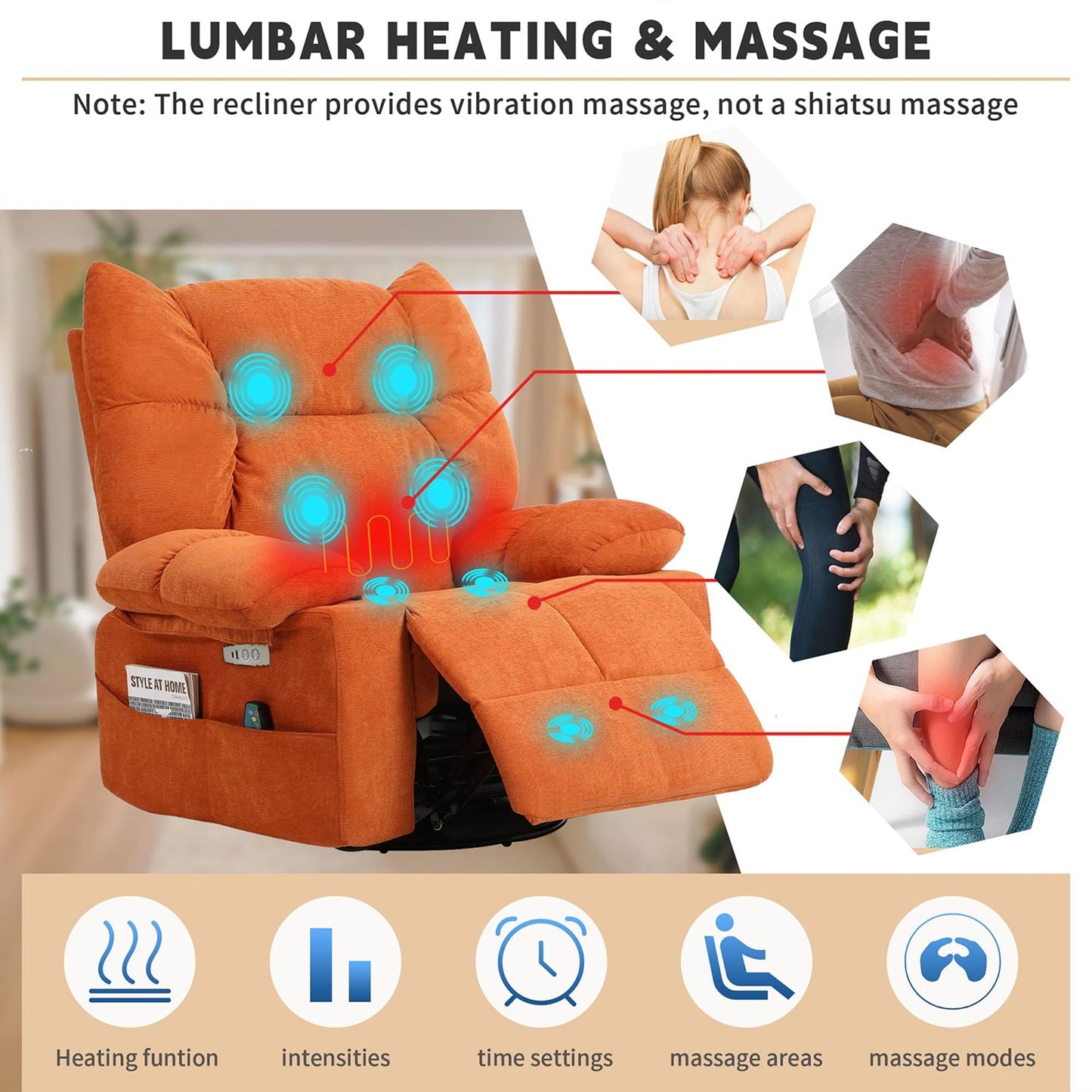 Fauteuil inclinable pivotant XINMICS, fauteuil inclinable électrique à bascule avec massage et chauffage