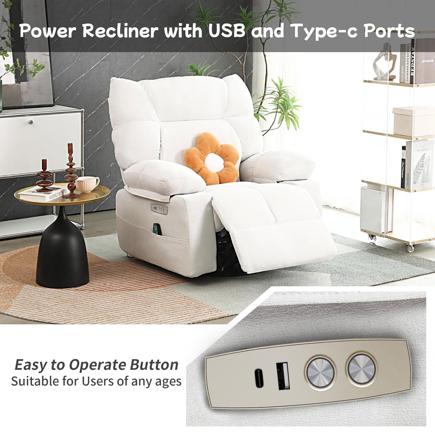 Fauteuil inclinable pivotant XINMICS, fauteuil inclinable électrique à bascule avec massage et chauffage