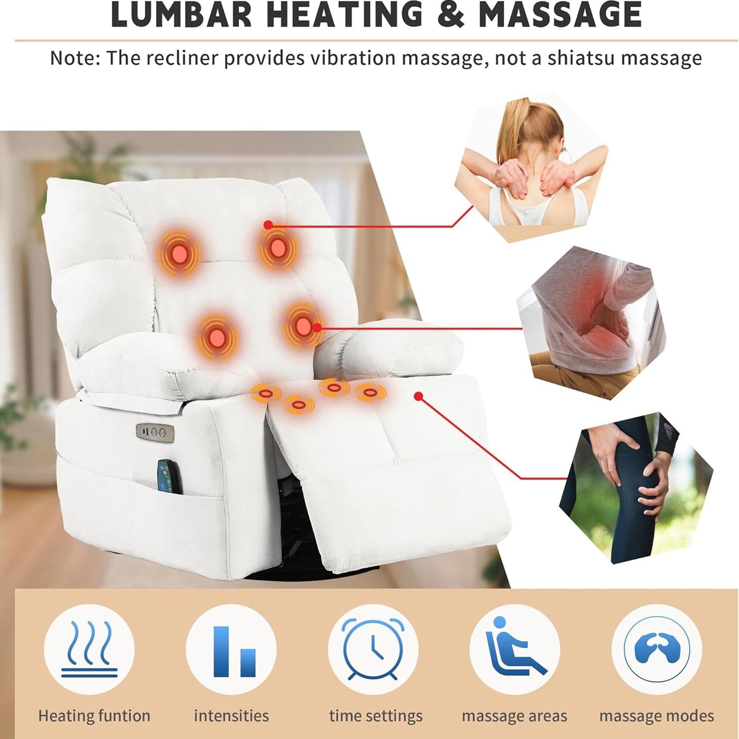 Fauteuil inclinable pivotant XINMICS, fauteuil inclinable électrique à bascule avec massage et chauffage