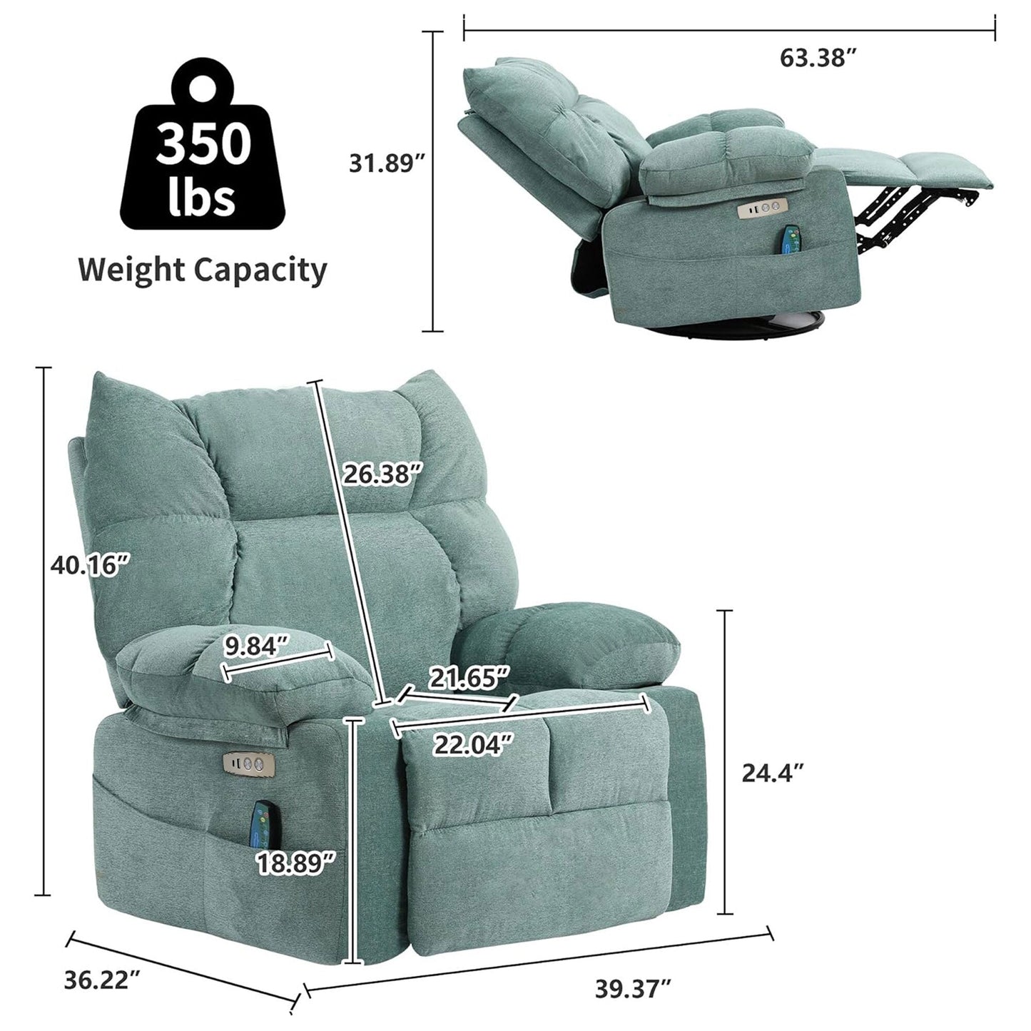 Fauteuil inclinable pivotant XINMICS, fauteuil inclinable électrique à bascule avec massage et chauffage