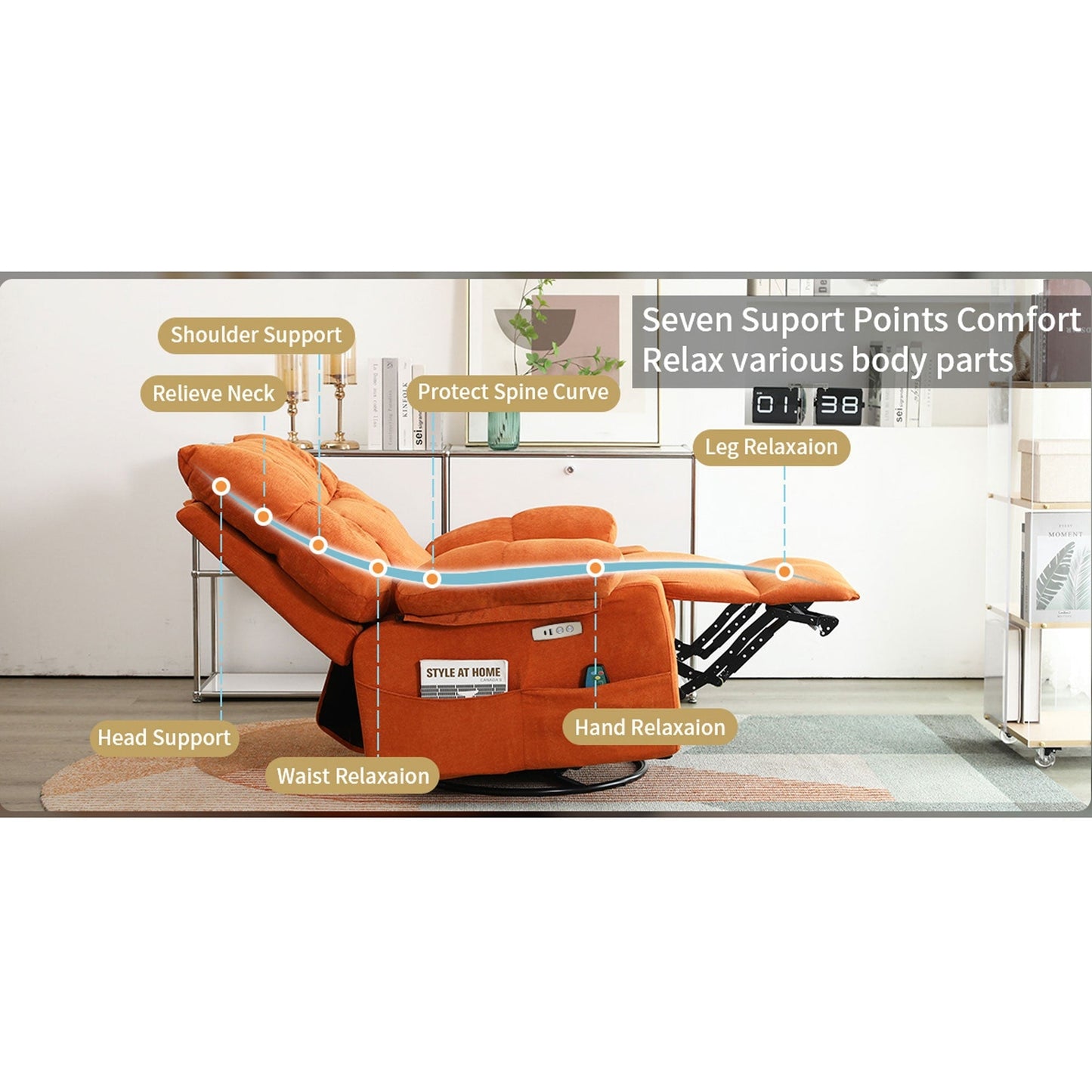 Fauteuil inclinable pivotant XINMICS, fauteuil inclinable électrique à bascule avec massage et chauffage