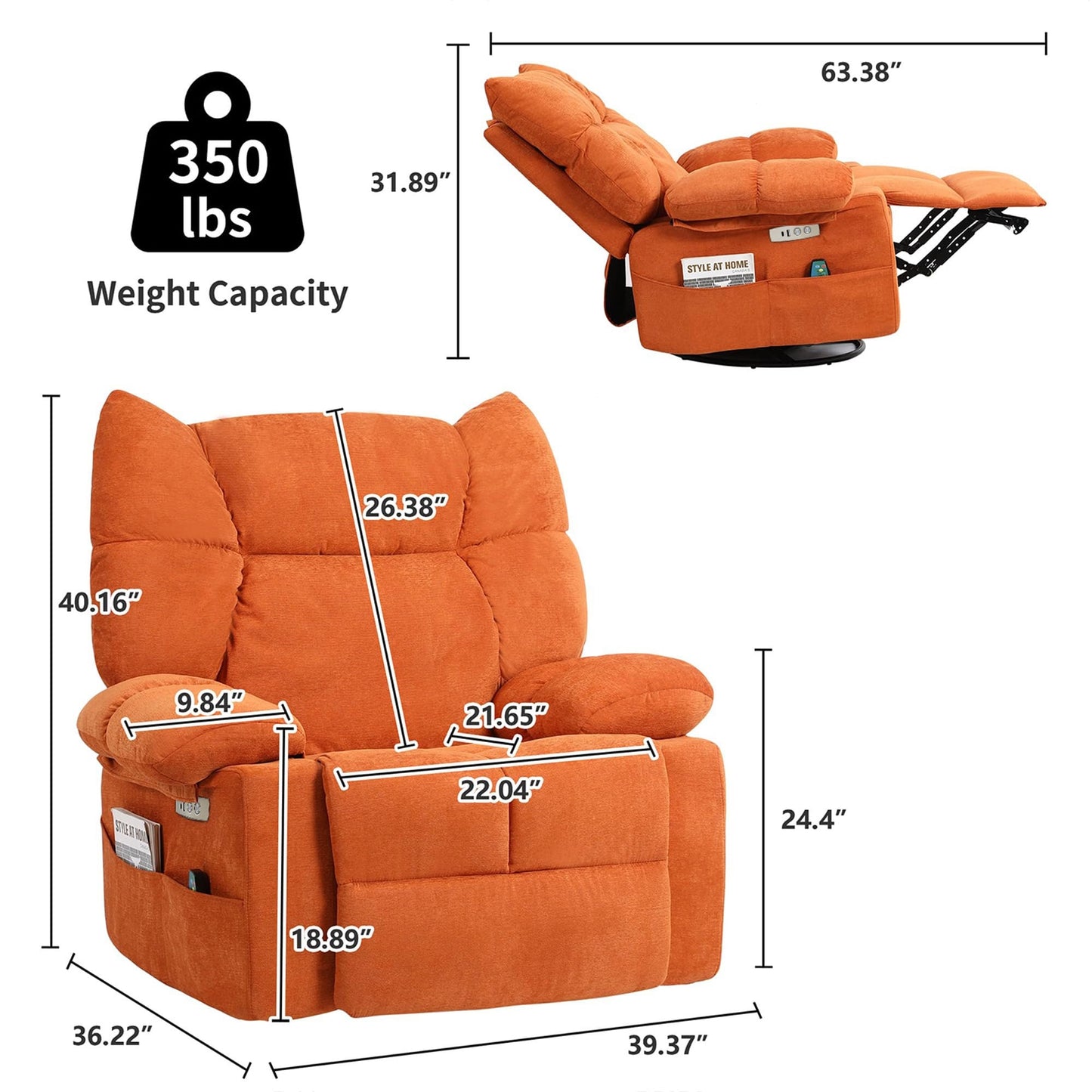 Fauteuil inclinable pivotant XINMICS, fauteuil inclinable électrique à bascule avec massage et chauffage