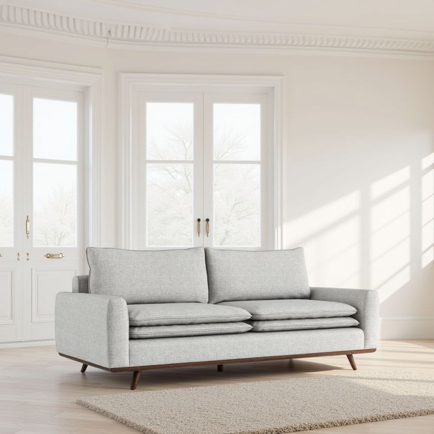 Canapé Yaana avec coussins en plumes, bois brun foncé, gris, 83 pouces