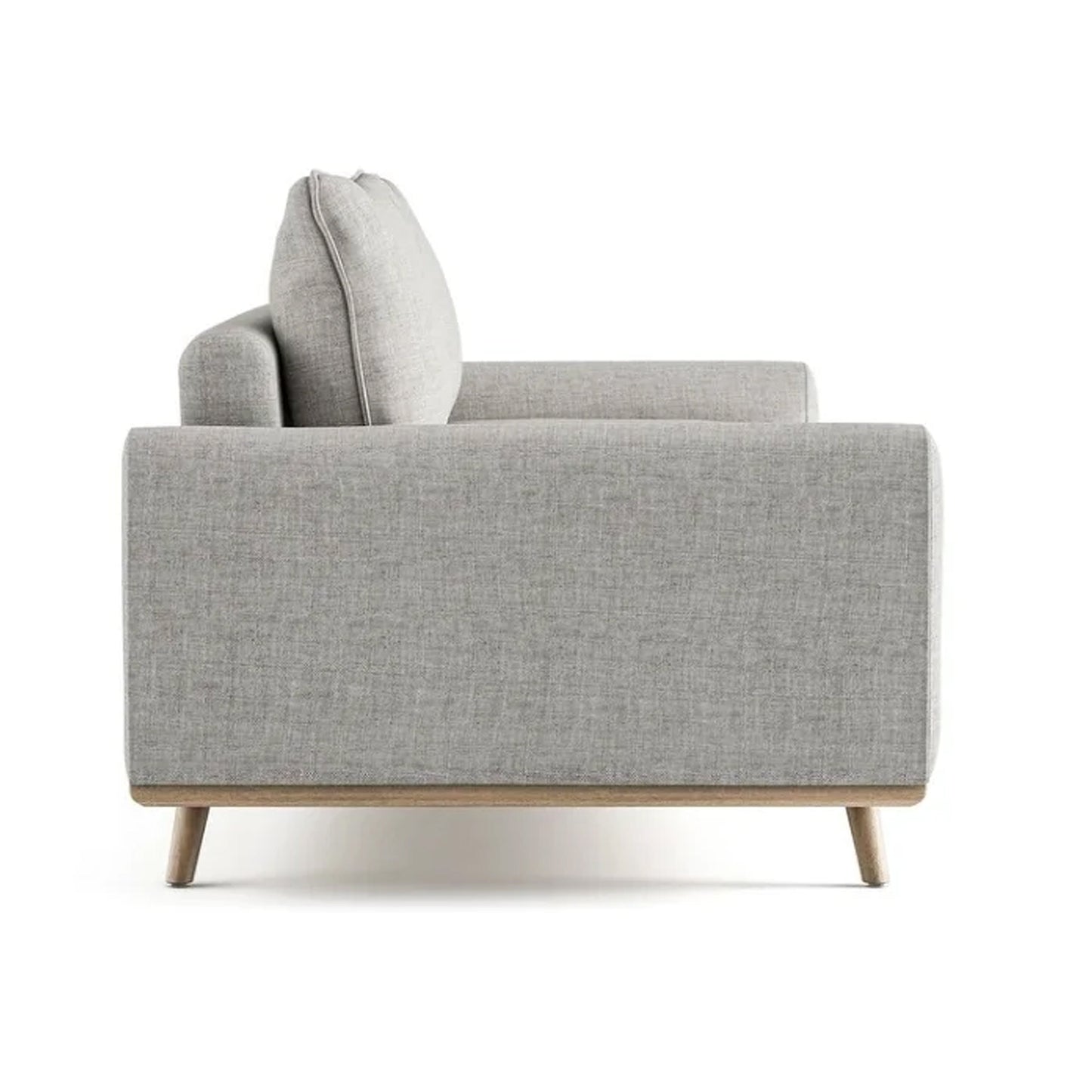 Canapé Yaana, coussin en plumes mélangées, bois de chêne brun, tissu gris, 210 cm