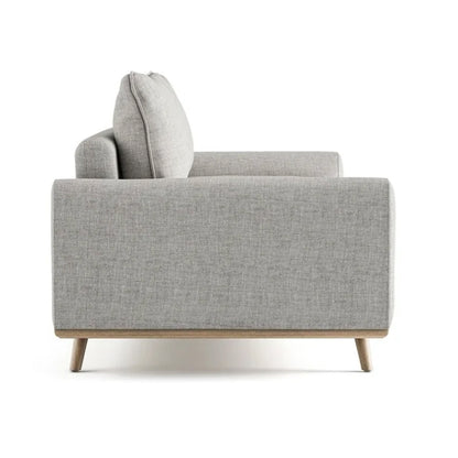 Canapé Yaana, coussin en plumes mélangées, bois de chêne brun, tissu gris, 210 cm