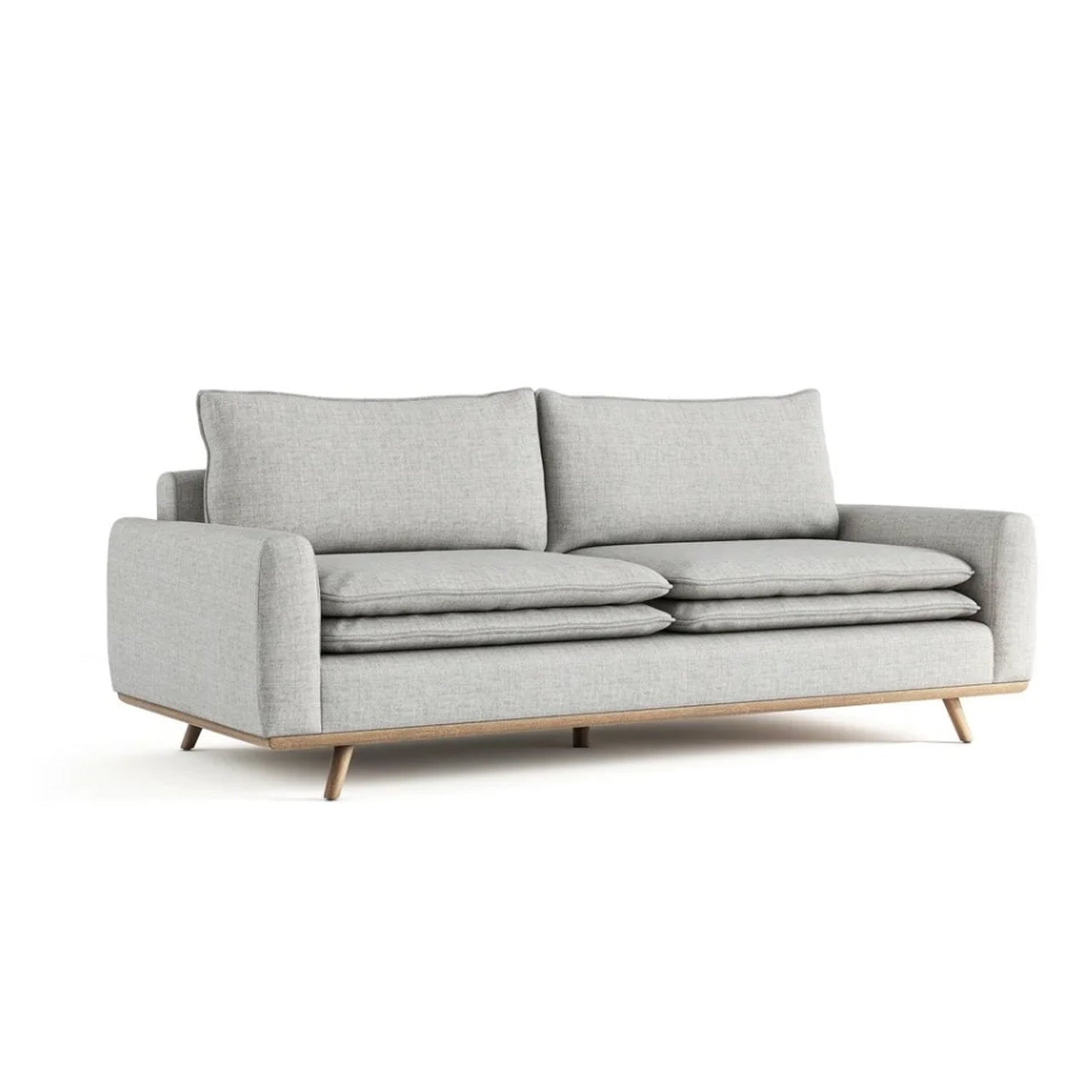 Canapé Yaana, coussin en plumes mélangées, bois de chêne brun, tissu gris, 210 cm