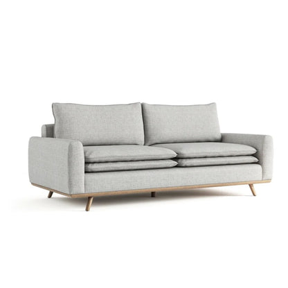 Canapé Yaana, coussin en plumes mélangées, bois de chêne brun, tissu gris, 210 cm