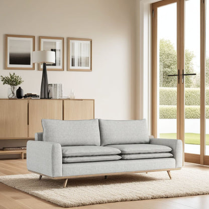 Canapé Yaana, coussin en plumes mélangées, bois de chêne brun, tissu gris, 210 cm