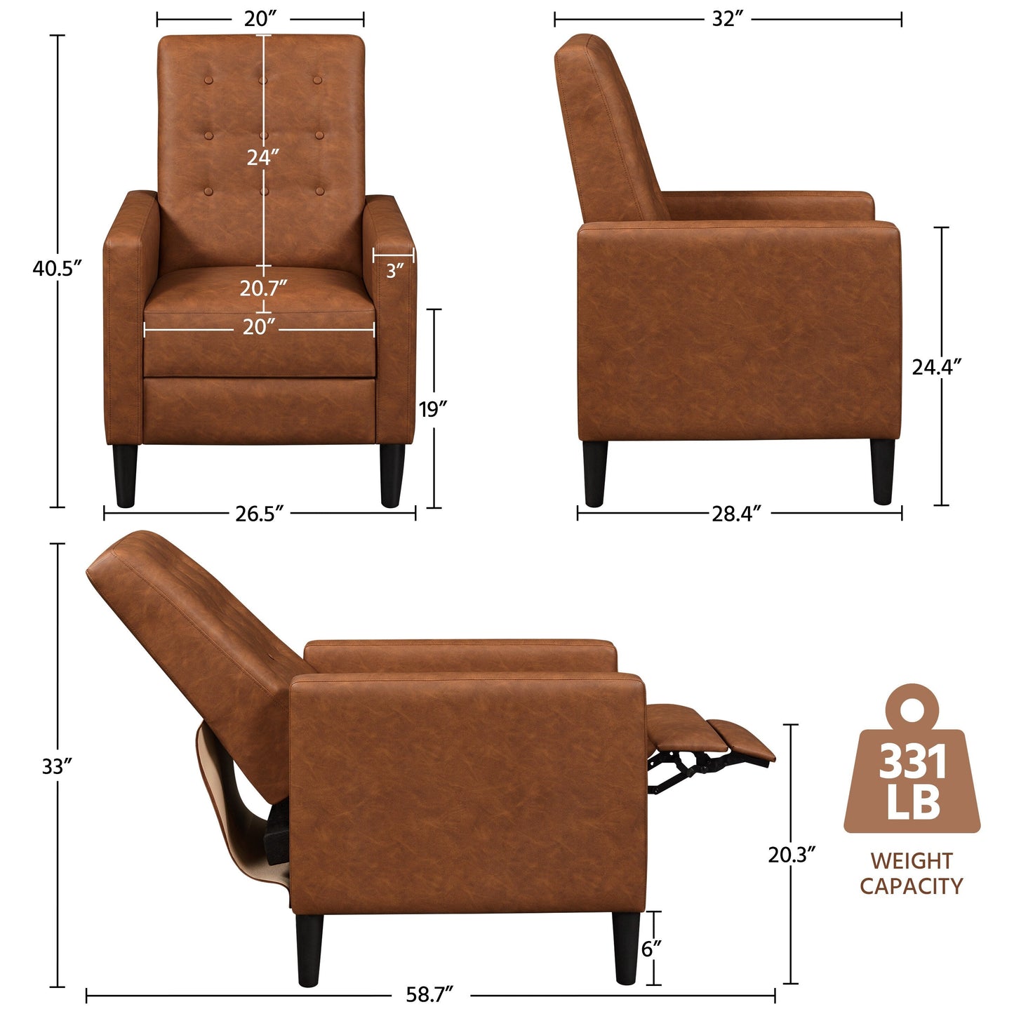 Yaheetech Canapé inclinable moderne en similicuir avec dossier réglable et repose-pieds capitonné