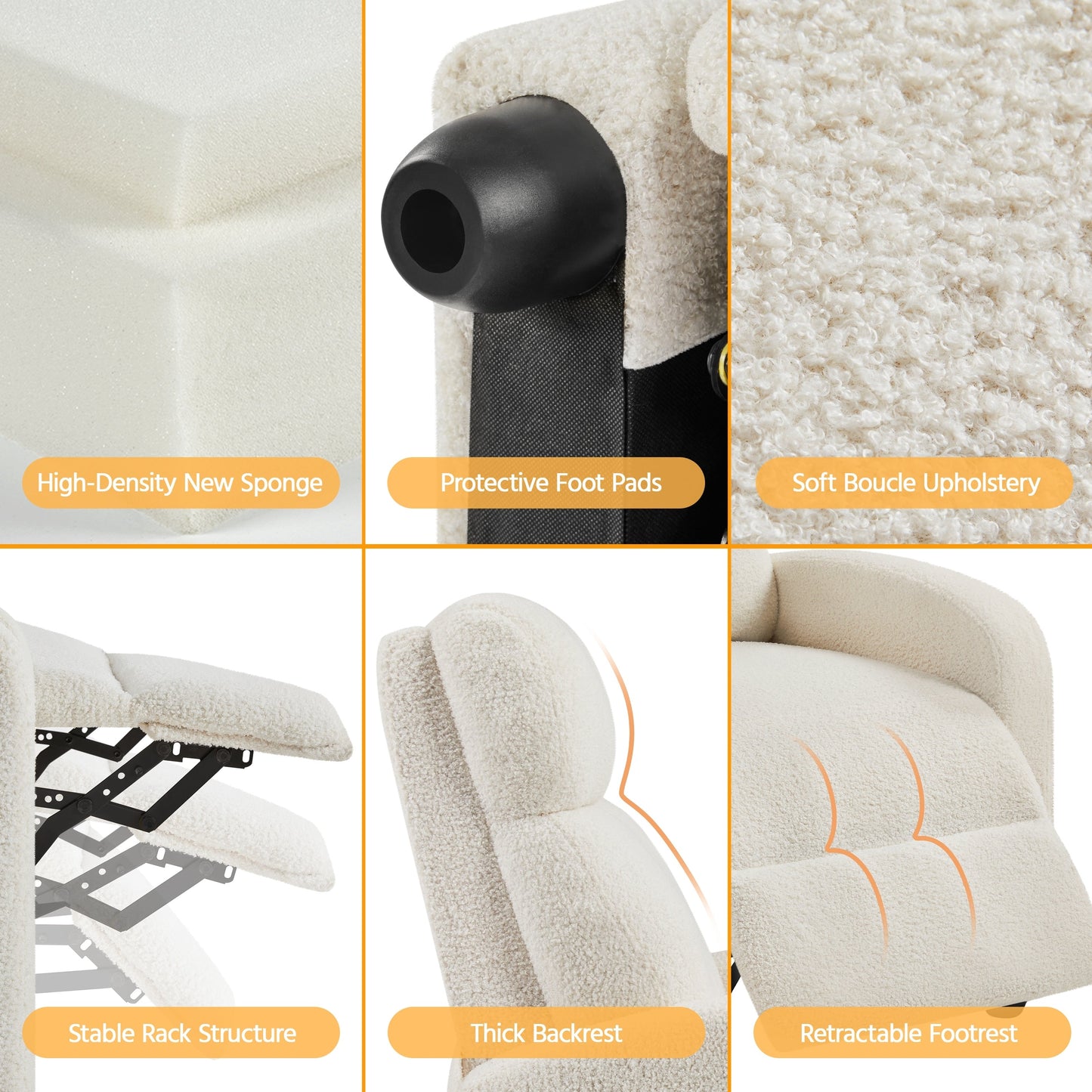 Canapé inclinable rembourré Yaheetech Boucle, fauteuil inclinable réglable, ivoire