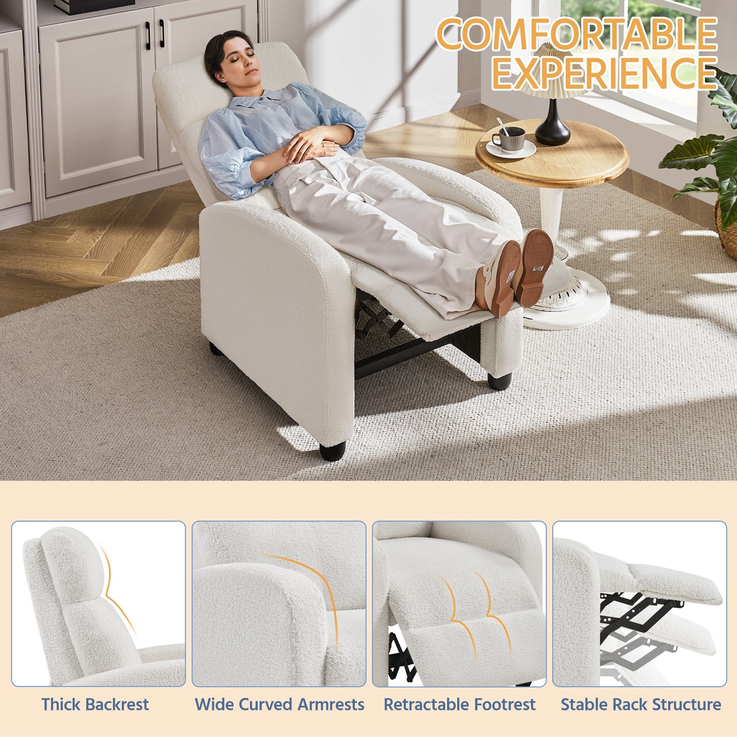 Canapé inclinable rembourré Yaheetech Boucle, fauteuil inclinable réglable, ivoire