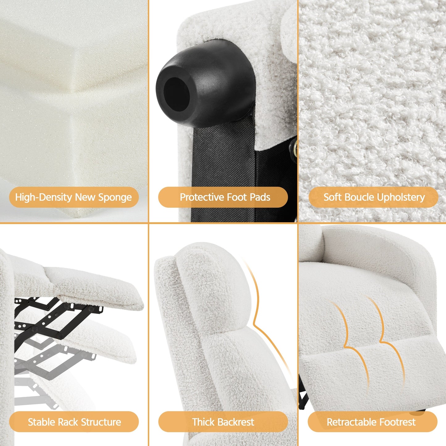 Canapé inclinable rembourré Yaheetech Boucle, fauteuil inclinable réglable, ivoire