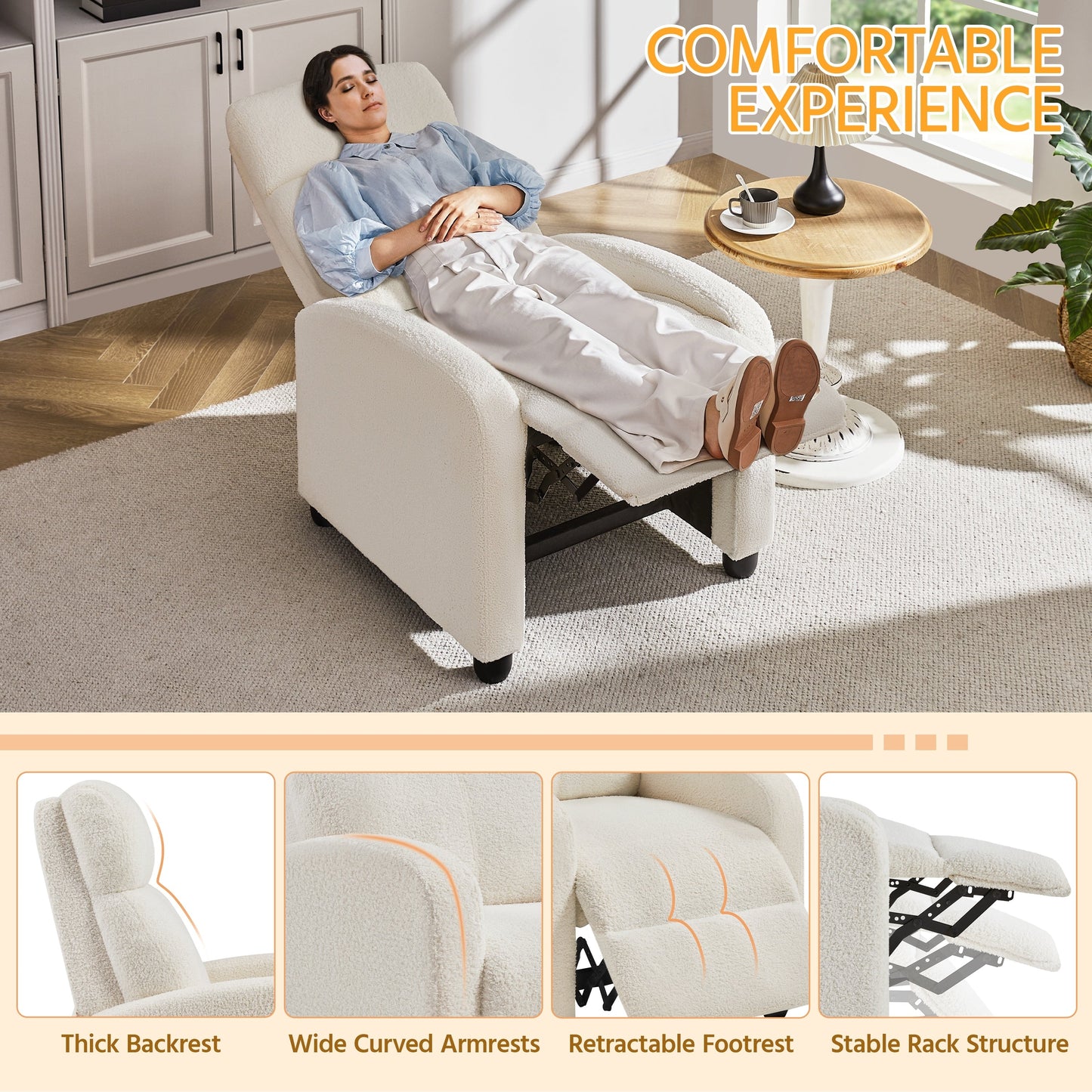 Canapé inclinable rembourré Yaheetech Boucle, fauteuil inclinable réglable, ivoire