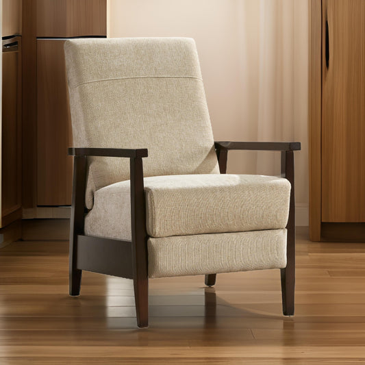 Fauteuil inclinable manuel Yahya, ergonomique, en hévéa brun, tissu beige sable