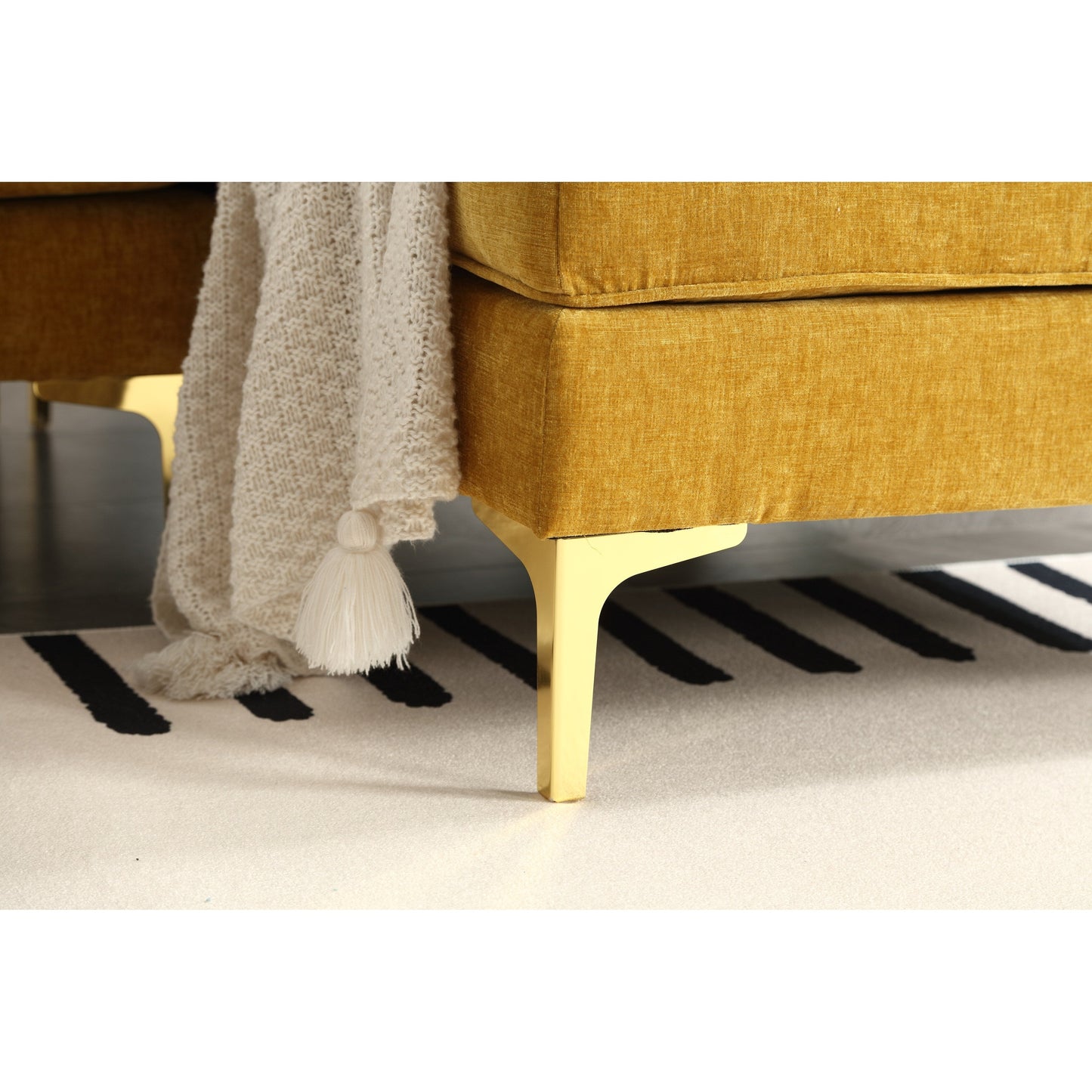 Canapé 3 places en tissu jaune 85'' en forme de L avec méridienne, cadre en bois et renfort de coussin à ressorts