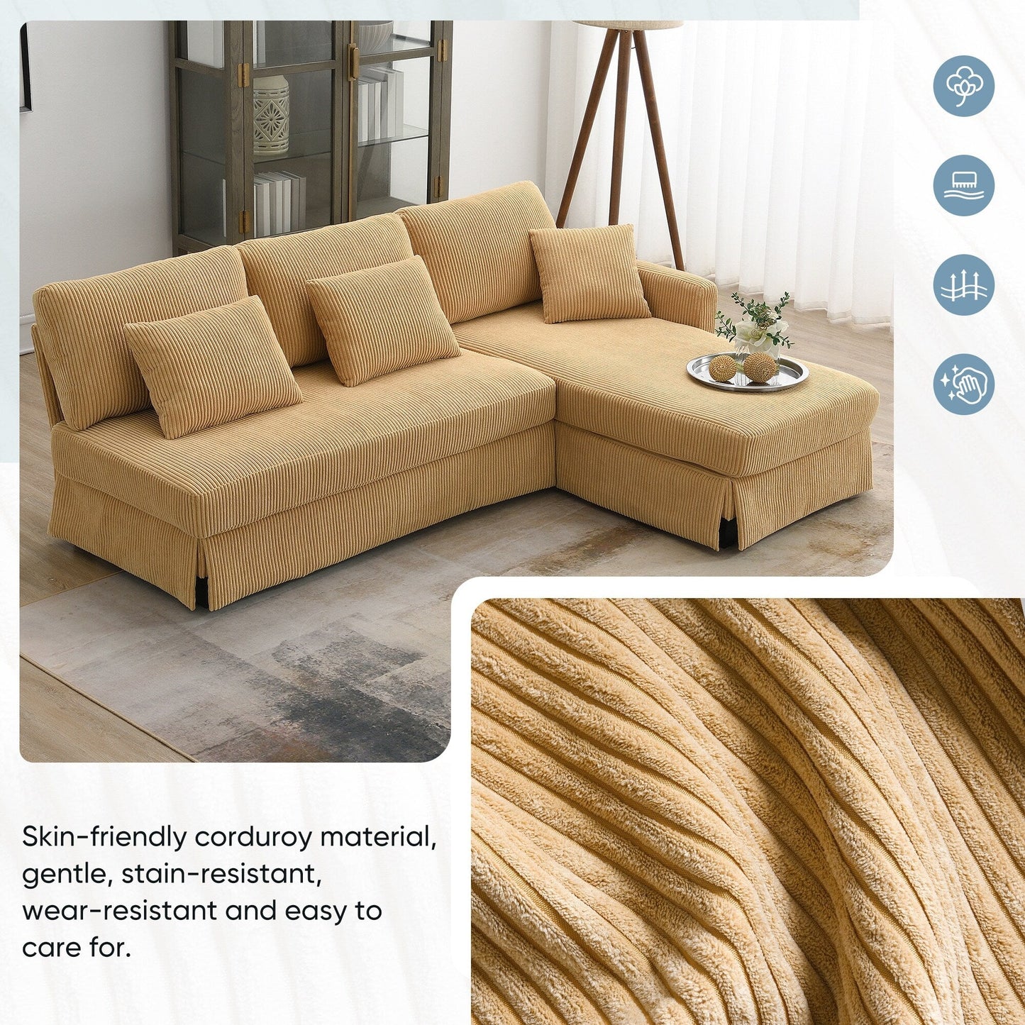 Canapé 3 places en L jaune 87 avec méridienne réversible et 3 coussins, design compact pour le salon