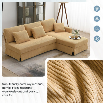 Canapé 3 places en L jaune 87 avec méridienne réversible et 3 coussins, design compact pour le salon