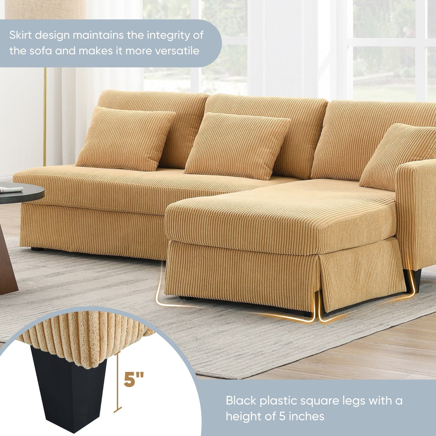 Canapé 3 places en L jaune 87 avec méridienne réversible et 3 coussins, design compact pour le salon