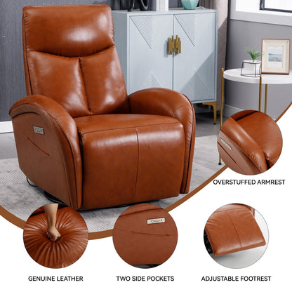 Fauteuil inclinable électrique pivotant à 270° en cuir véritable jaune marron avec 2 poches latérales, ports USB et Type-C