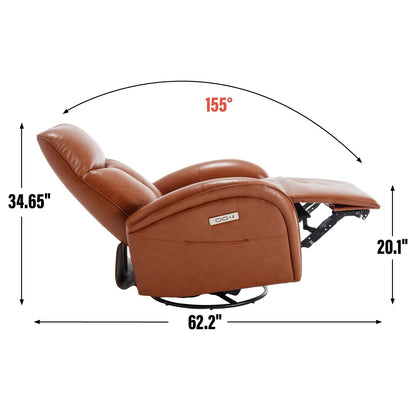 Fauteuil inclinable électrique pivotant à 270° en cuir véritable jaune marron avec 2 poches latérales, ports USB et Type-C