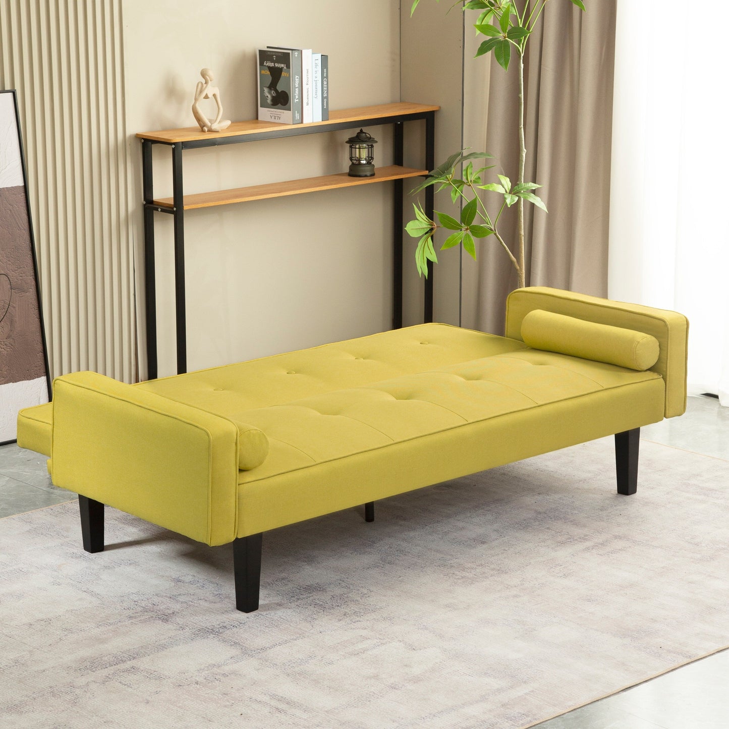 Canapé-lit futon 3 places convertible jaune avec pieds en bois