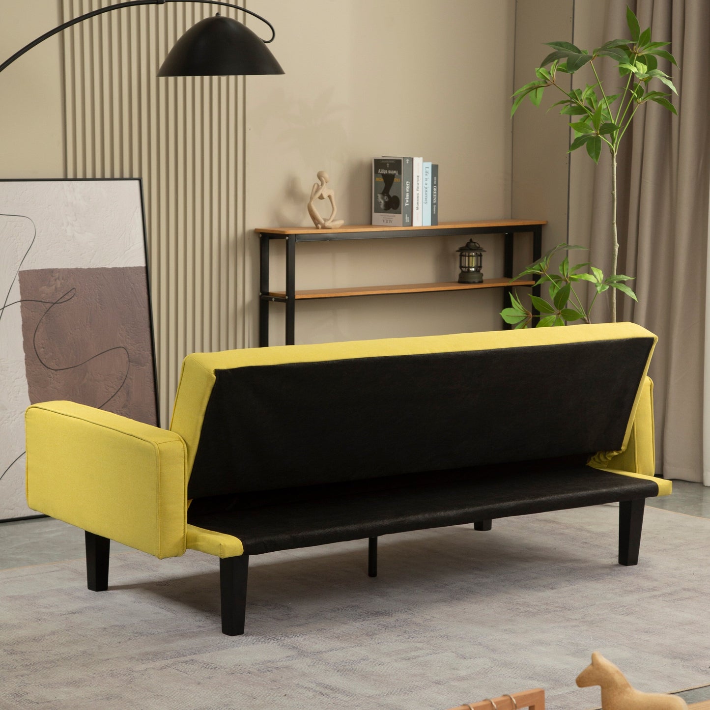 Canapé-lit futon 3 places convertible jaune avec pieds en bois