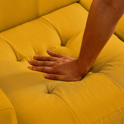 Canapé causeuse capitonné en mousse jaune avec pieds en fer