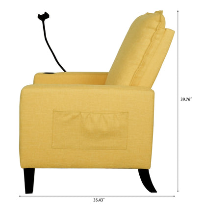 Fauteuil inclinable manuel moderne en tissu jaune avec support pour téléphone portable, porte-gobelet et repose-pieds