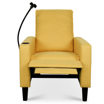 Fauteuil inclinable manuel moderne en tissu jaune avec support pour téléphone portable, porte-gobelet et repose-pieds