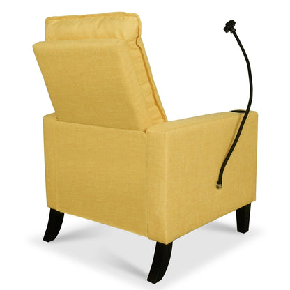 Fauteuil inclinable manuel moderne en tissu jaune avec support pour téléphone portable, porte-gobelet et repose-pieds