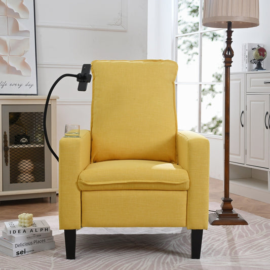 Fauteuil inclinable manuel moderne en tissu jaune avec support pour téléphone portable, porte-gobelet et repose-pieds