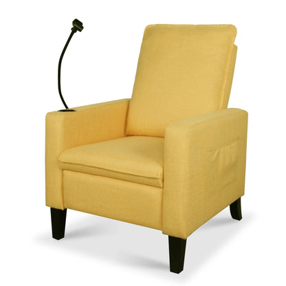 Fauteuil inclinable manuel moderne en tissu jaune avec support pour téléphone portable, porte-gobelet et repose-pieds