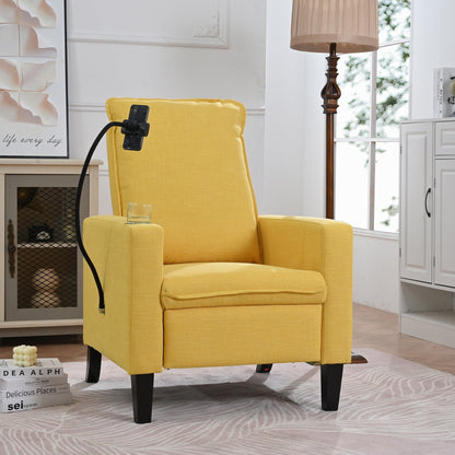 Fauteuil inclinable manuel moderne en tissu jaune avec support pour téléphone portable, porte-gobelet et repose-pieds