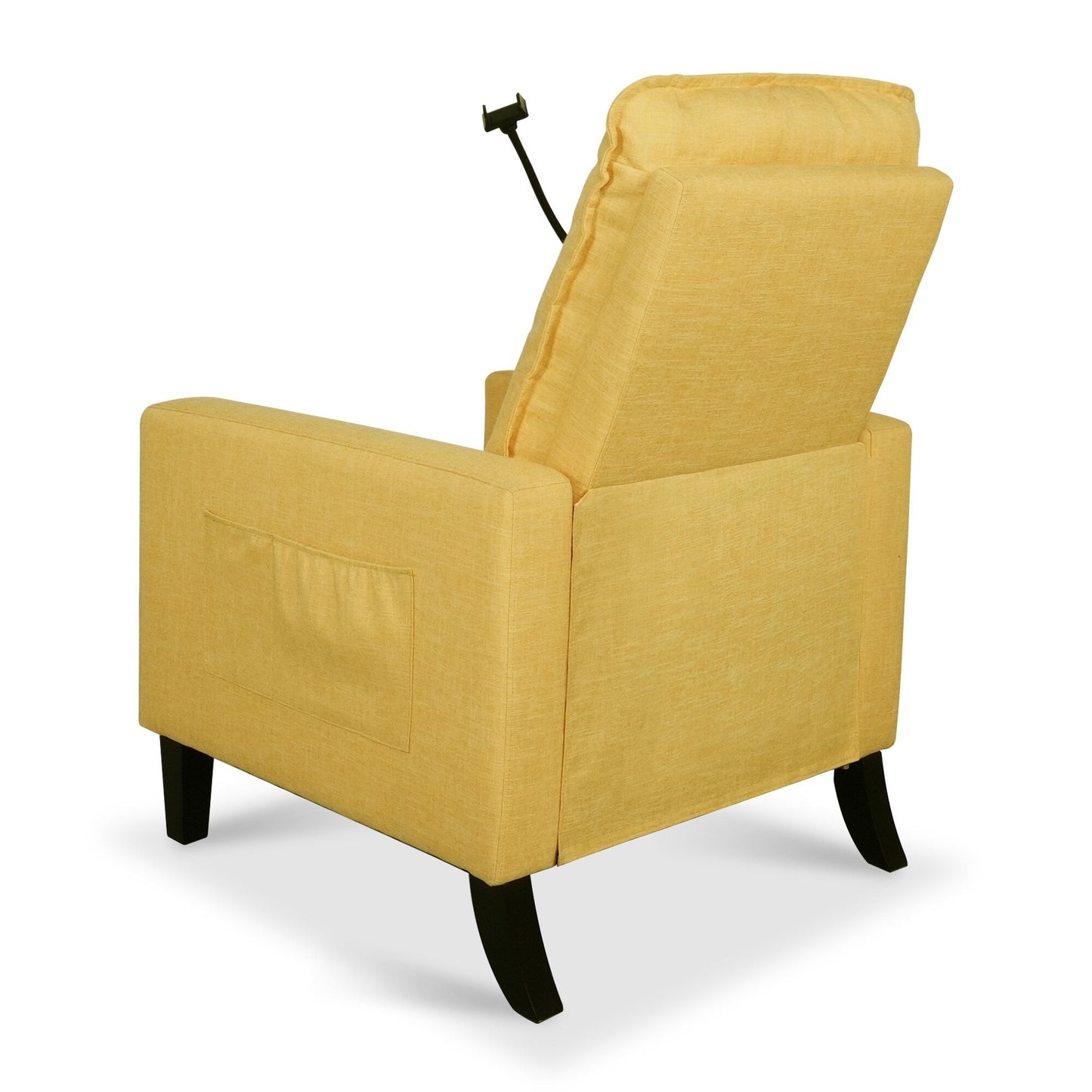 Fauteuil inclinable manuel moderne en tissu jaune avec support pour téléphone portable, porte-gobelet et repose-pieds