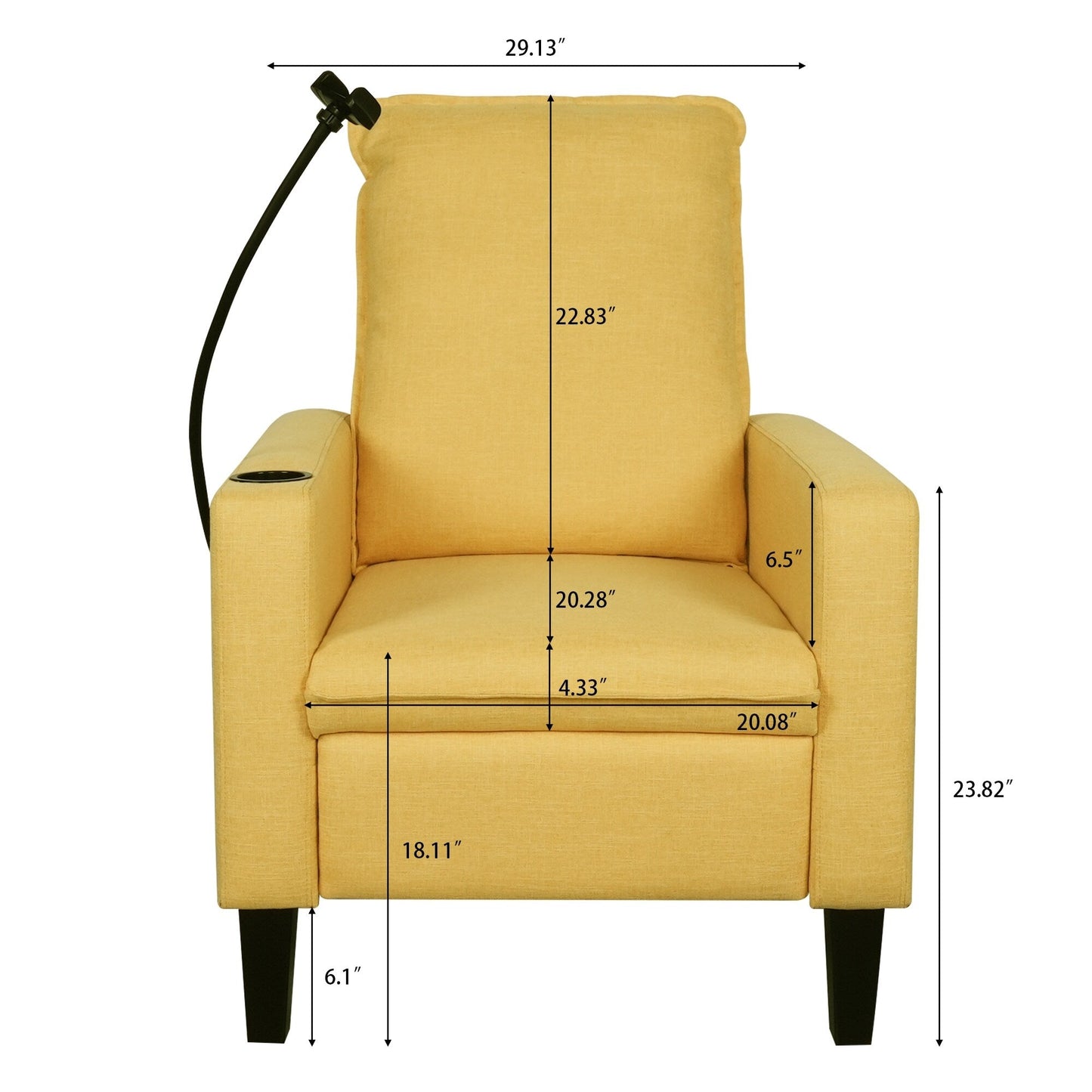 Fauteuil inclinable manuel moderne en tissu jaune avec support pour téléphone portable, porte-gobelet et repose-pieds