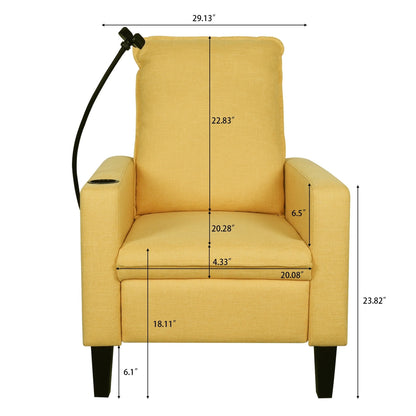 Fauteuil inclinable manuel moderne en tissu jaune avec support pour téléphone portable, porte-gobelet et repose-pieds