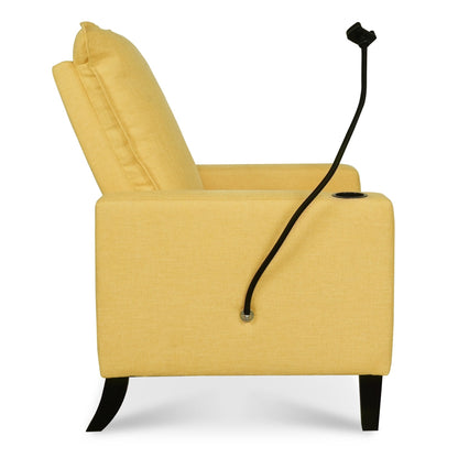 Fauteuil inclinable manuel moderne en tissu jaune avec support pour téléphone portable, porte-gobelet et repose-pieds