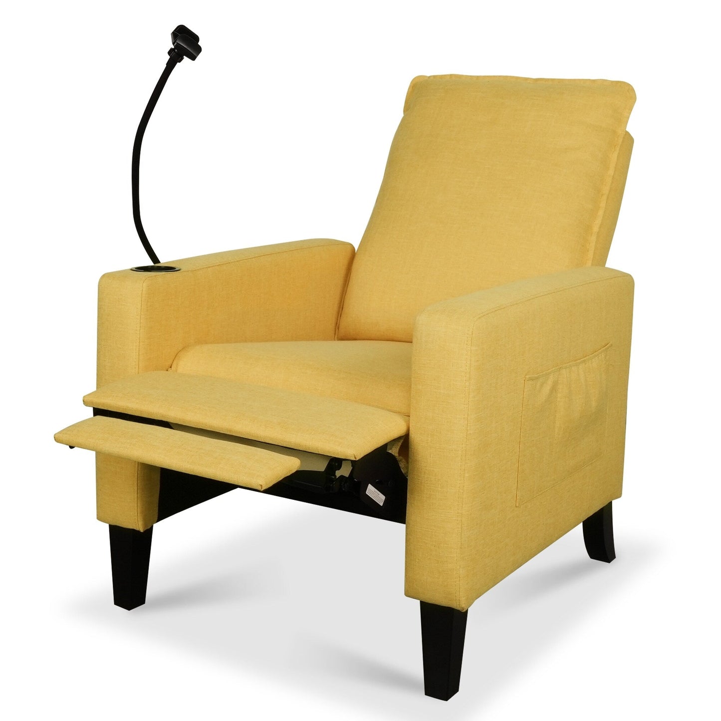 Fauteuil inclinable manuel moderne en tissu jaune avec support pour téléphone portable, porte-gobelet et repose-pieds