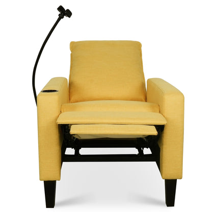 Fauteuil inclinable manuel moderne en tissu jaune avec support pour téléphone portable, porte-gobelet et repose-pieds