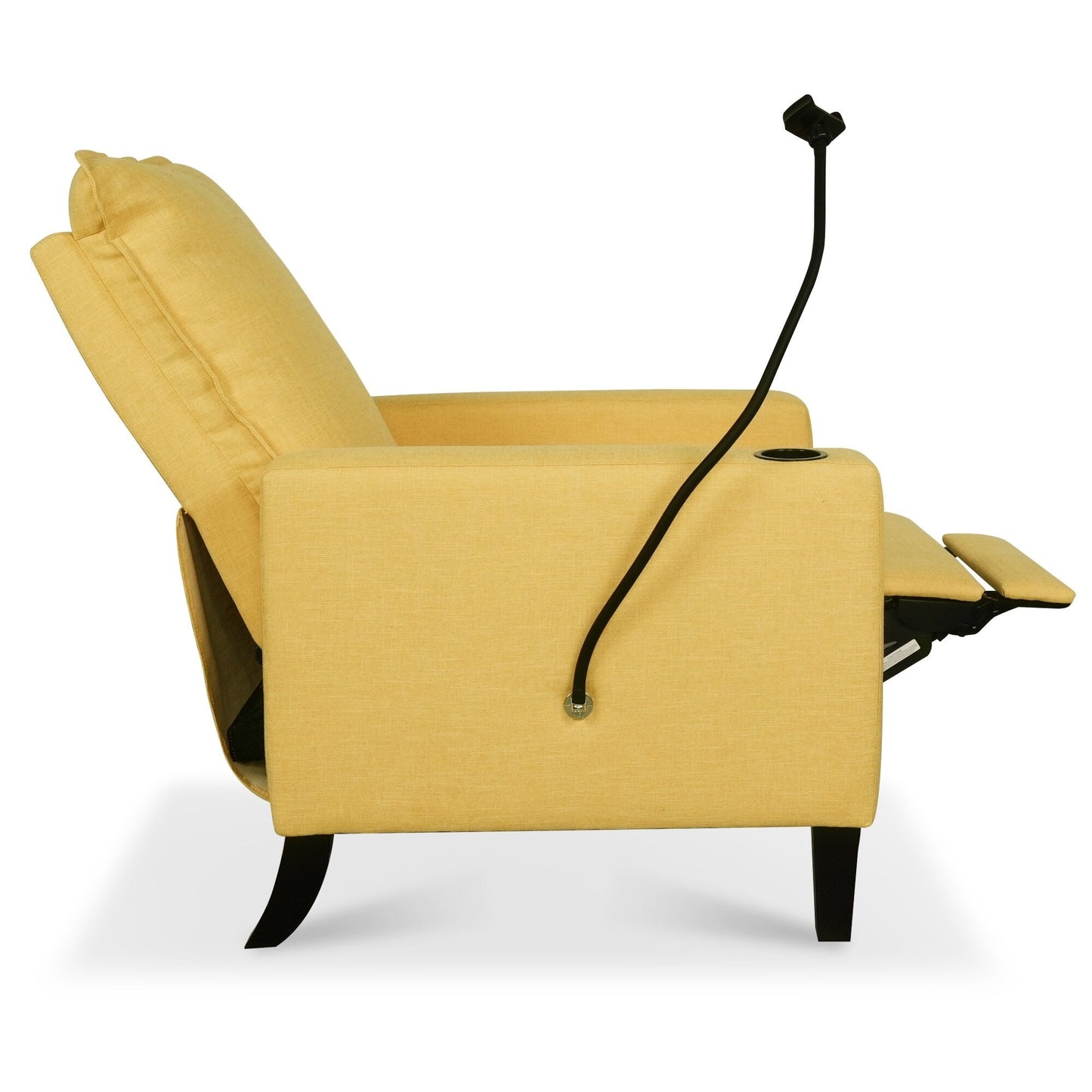 Fauteuil inclinable manuel moderne en tissu jaune avec support pour téléphone portable, porte-gobelet et repose-pieds