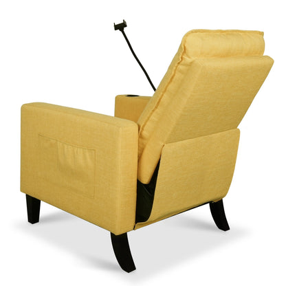 Fauteuil inclinable manuel moderne en tissu jaune avec support pour téléphone portable, porte-gobelet et repose-pieds