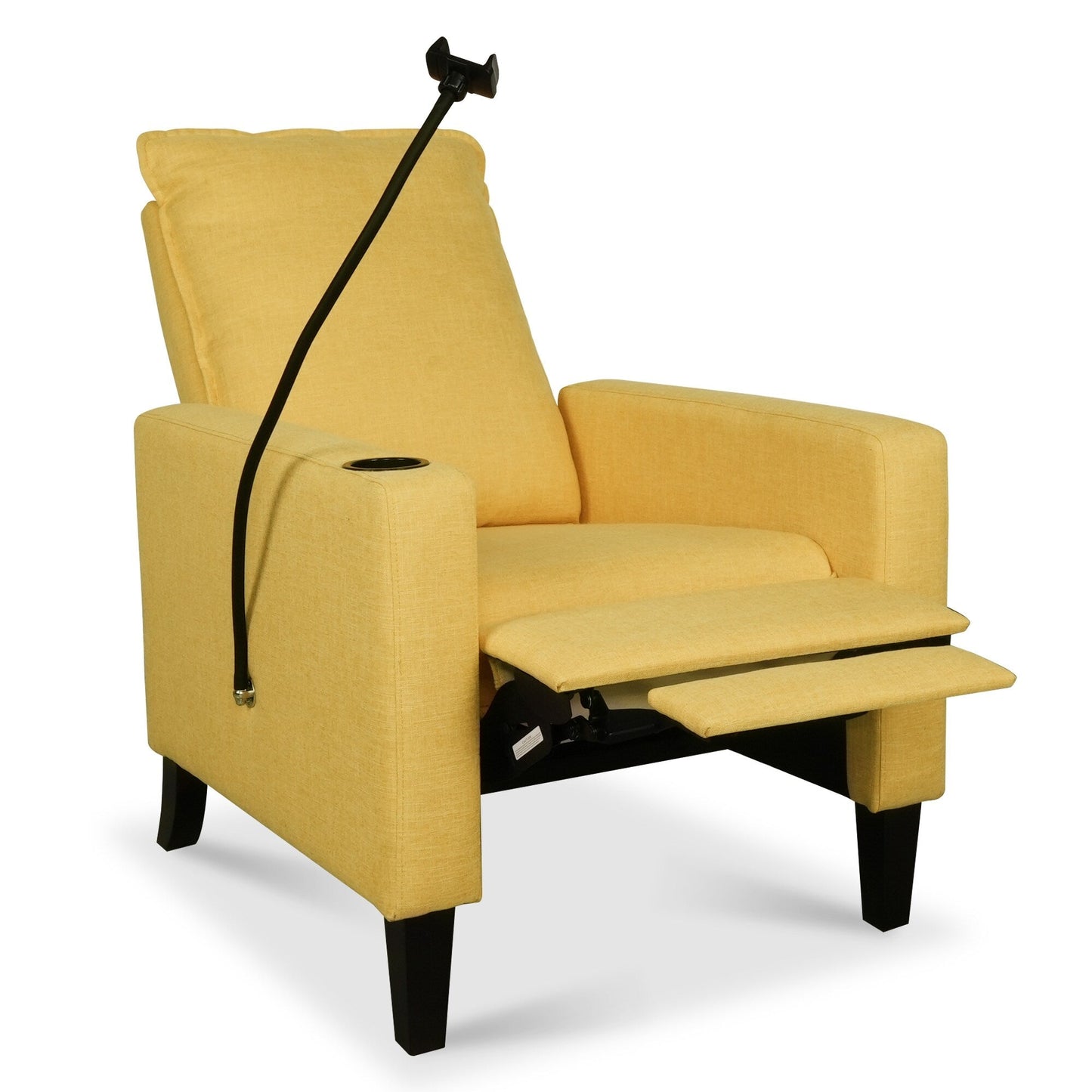 Fauteuil inclinable manuel moderne en tissu jaune avec support pour téléphone portable, porte-gobelet et repose-pieds