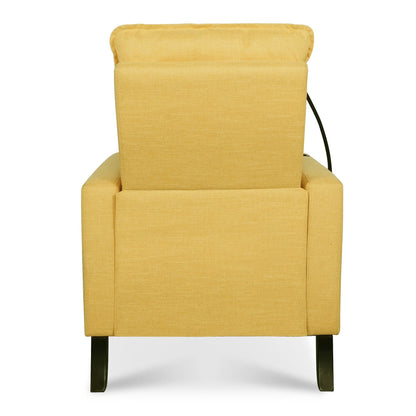 Fauteuil inclinable manuel moderne en tissu jaune avec support pour téléphone portable, porte-gobelet et repose-pieds