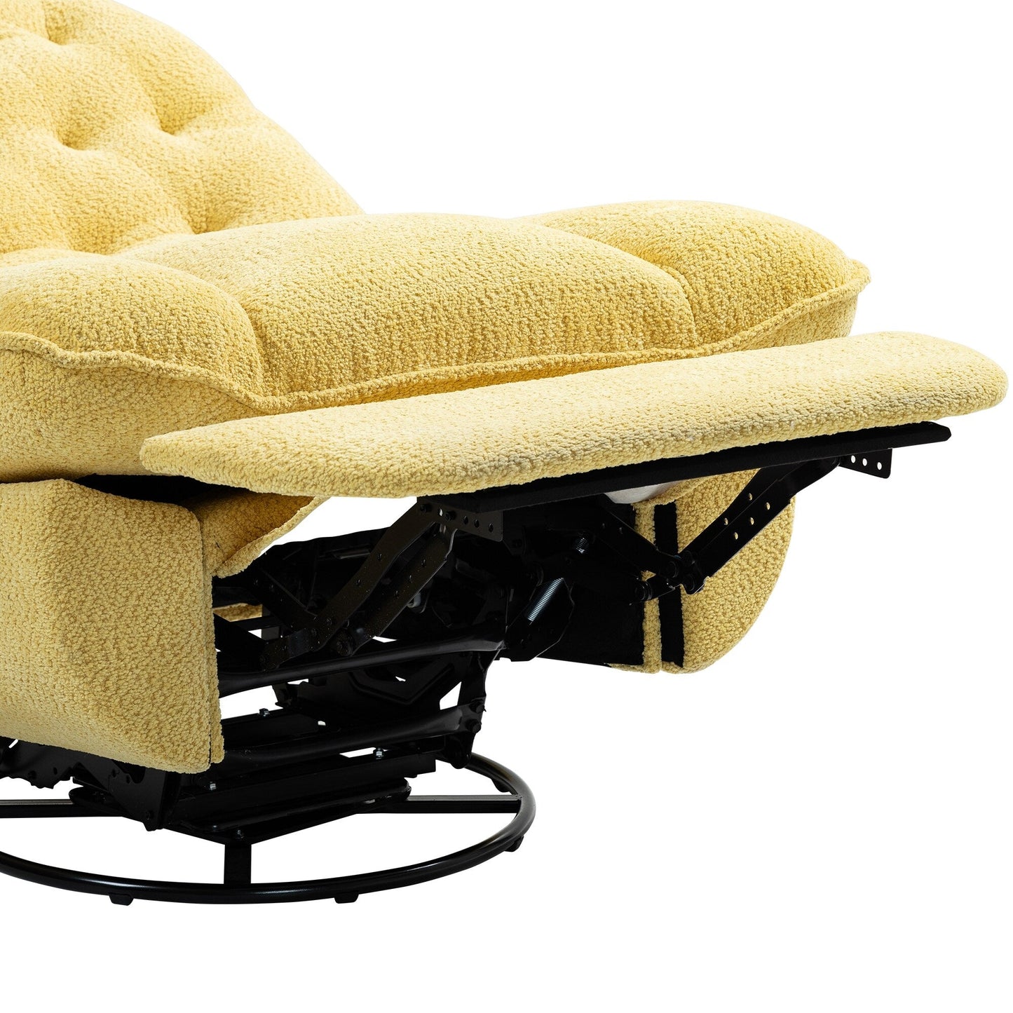 Fauteuil inclinable manuel pivotant à 360°, rembourré en chenille surdimensionnée jaune, avec repose-pieds allongé et dossier capitonné