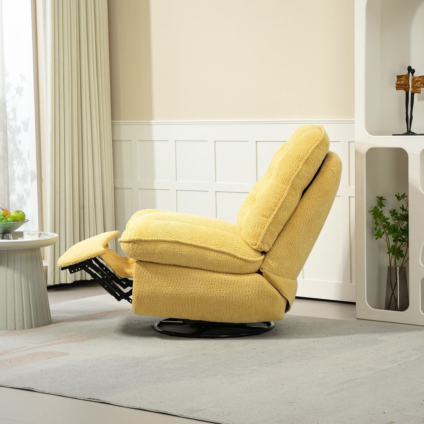 Fauteuil inclinable manuel pivotant à 360°, rembourré en chenille surdimensionnée jaune, avec repose-pieds allongé et dossier capitonné