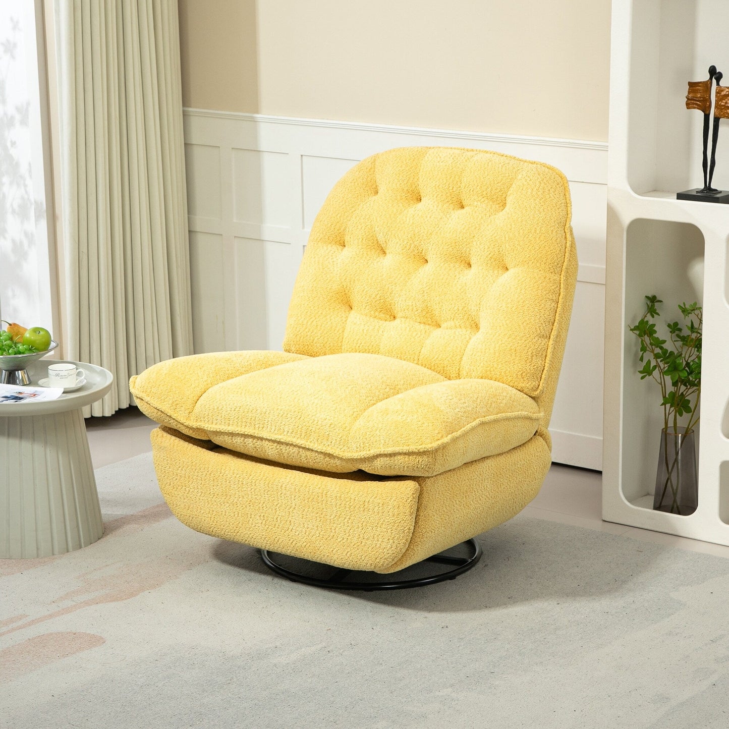 Fauteuil inclinable manuel pivotant à 360°, rembourré en chenille surdimensionnée jaune, avec repose-pieds allongé et dossier capitonné