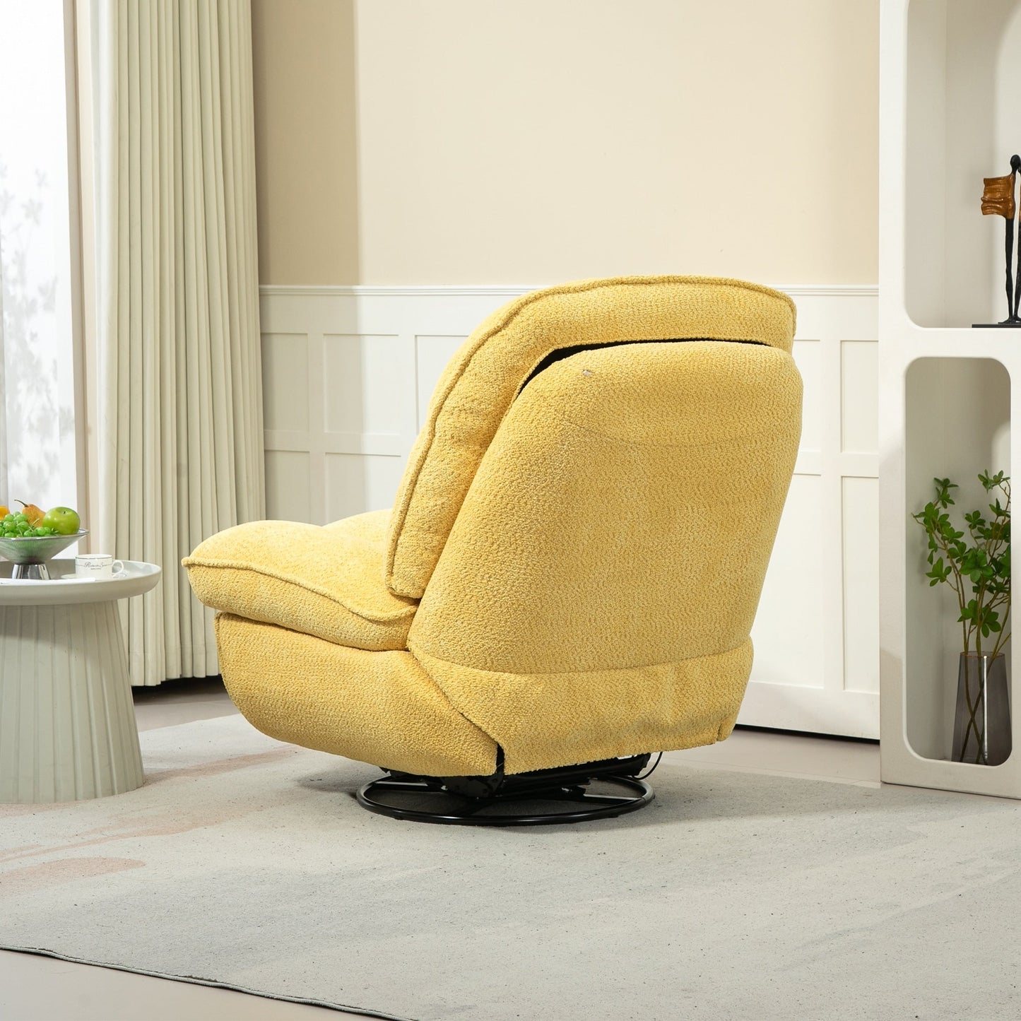 Fauteuil inclinable manuel pivotant à 360°, rembourré en chenille surdimensionnée jaune, avec repose-pieds allongé et dossier capitonné
