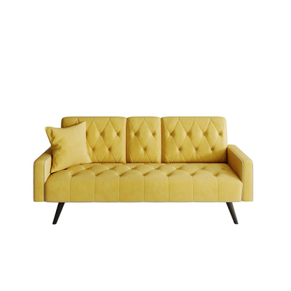 Canapé-lit 3 places en velours jaune avec tête de clou et porte-gobelets