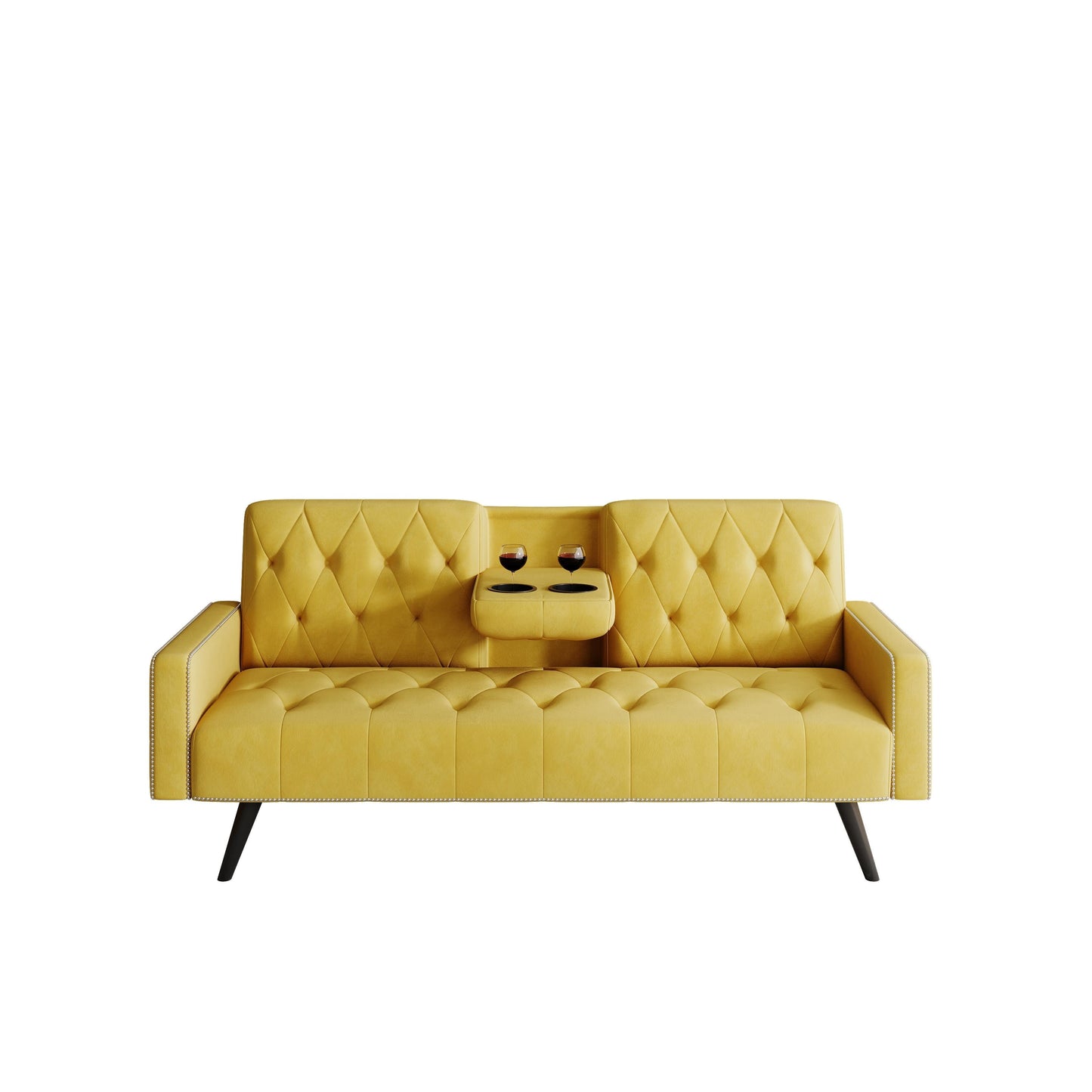 Canapé-lit 3 places en velours jaune avec tête de clou et porte-gobelets
