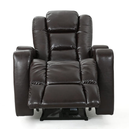Fauteuil inclinable électrique Yoma, 2 porte-gobelets, rangement, USB, similicuir marron